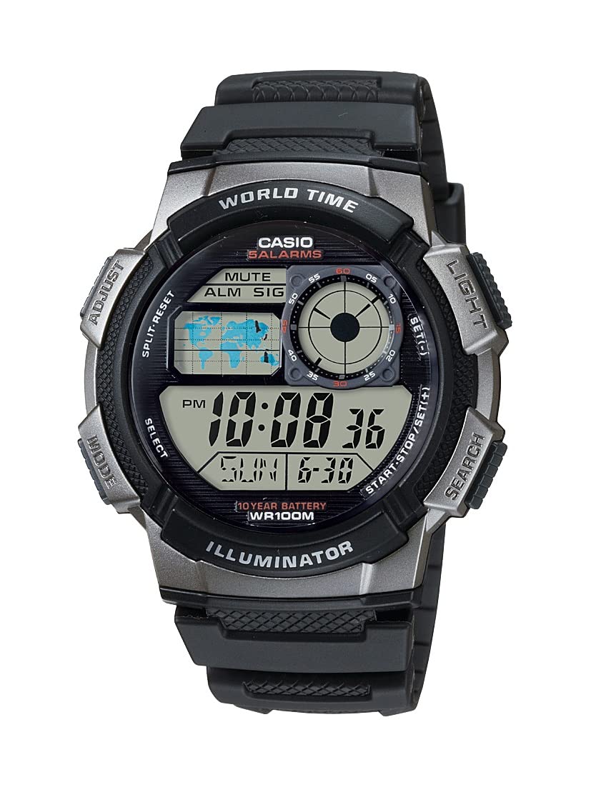 Casio Ae1000W Men'S Digital Watch, 100M Wr, Multi Alarms, Led Light, 10 Year Battery