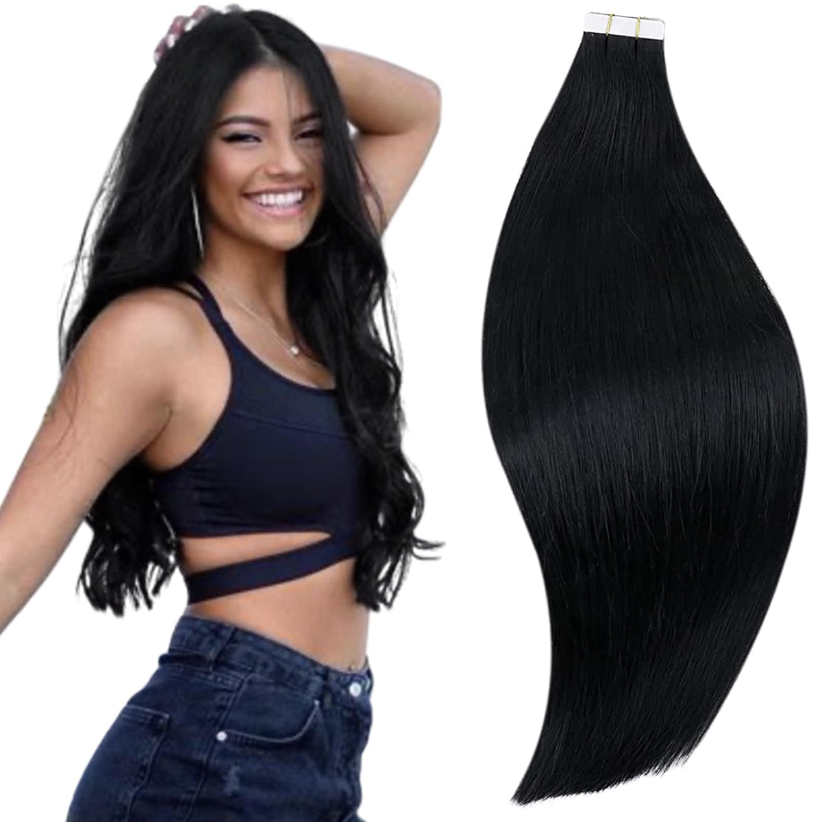 Runature 18&quot; Jet Black Tape In Hair Extensions, Remy Human Hair, 50G, 20 Pieces, Thick Ends