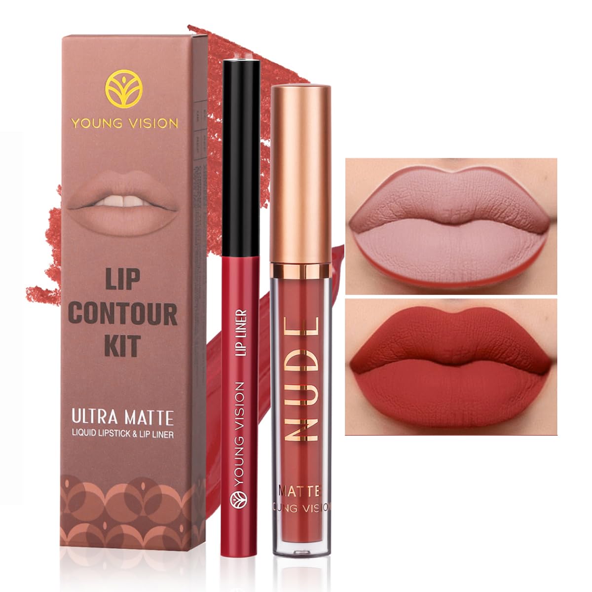 Young Vision Matte Liquid Lipstick & Lip Liner Combo Set - Waterproof, Durable, 0.07 Oz