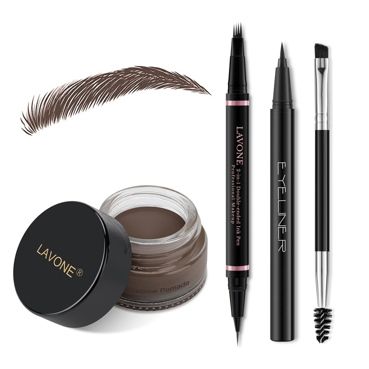 Lavone Eyebrow Pencil Kit - Waterproof 2-In-1 Microblading Pen & Pomade, Black Brown