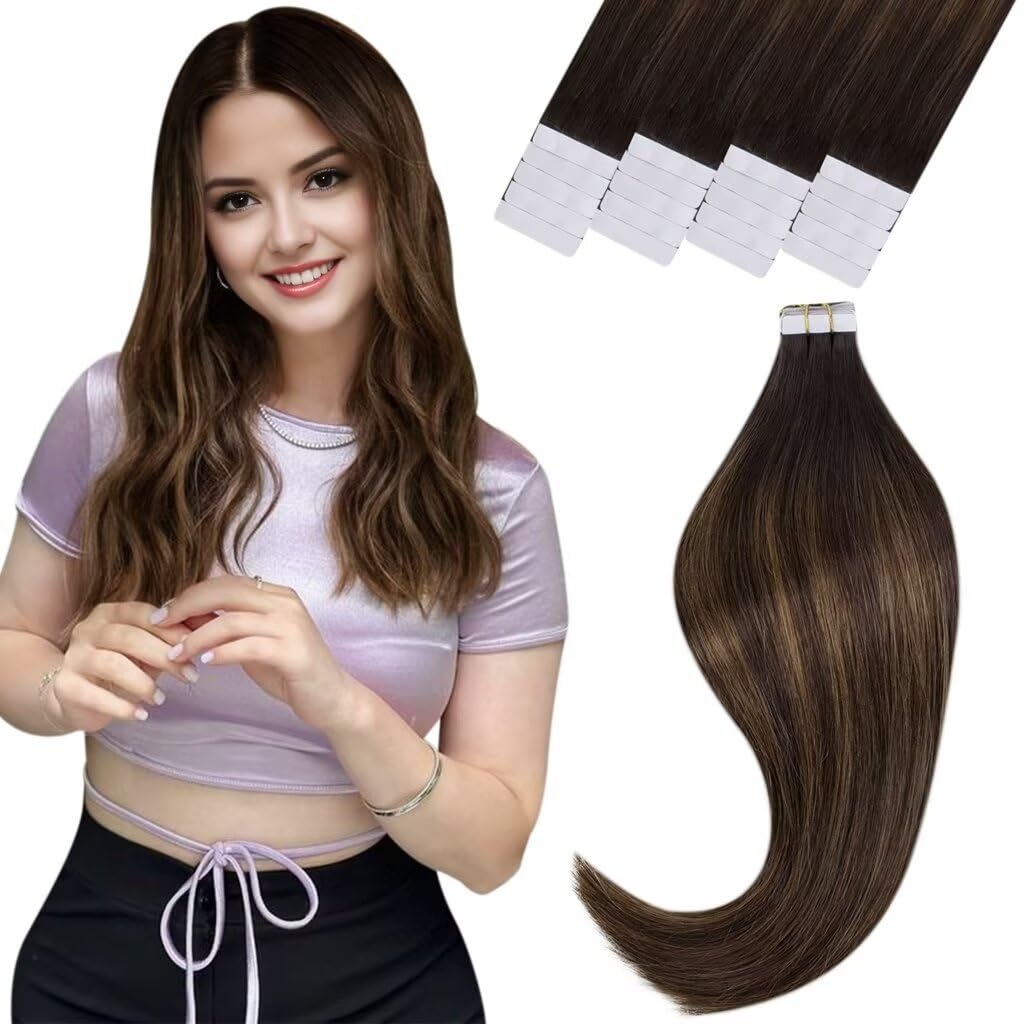 Vivien Tape In Hair Extensions 18&quot; Dark Brown Mix Light Brown Real Human Hair 20Pcs #2/8/2