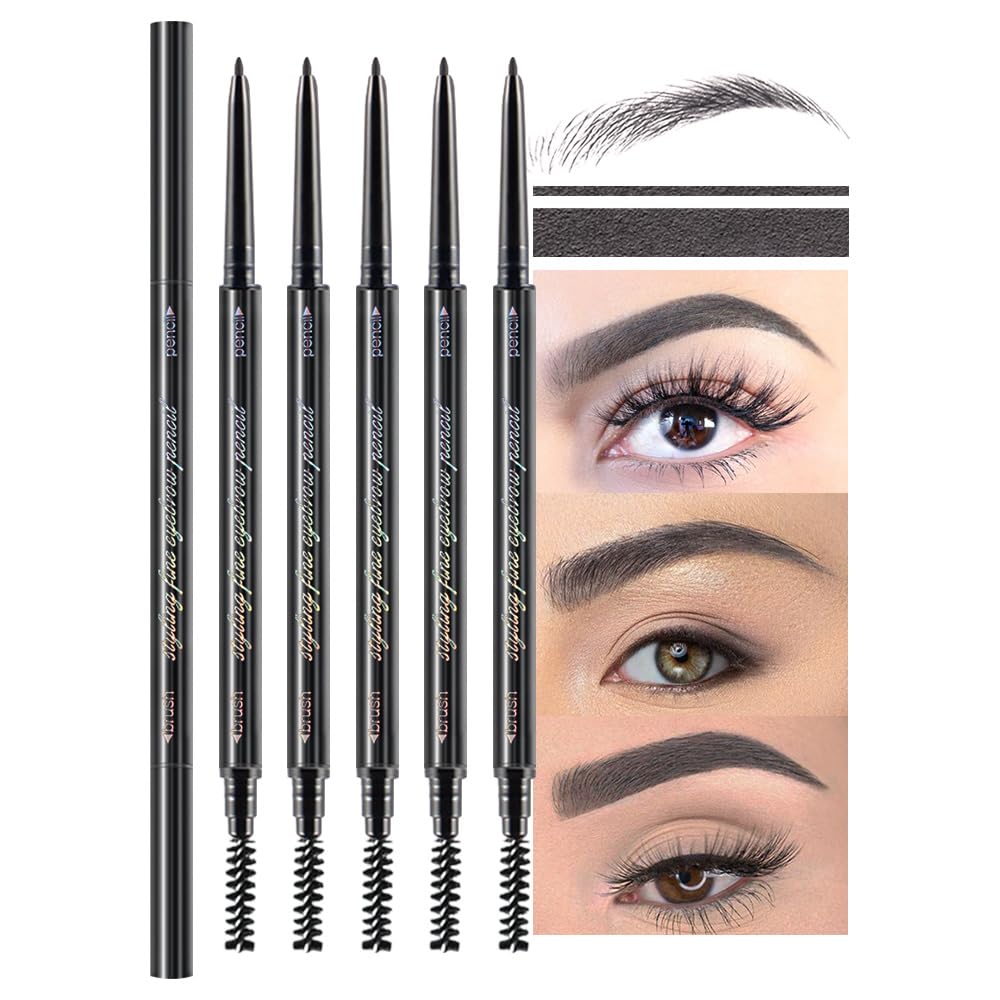 Wantuoluo 5 Pcs Waterproof Dual-Sided Fine Tip Eyebrow Pencils - Ultra-Fine Mechanical Grey