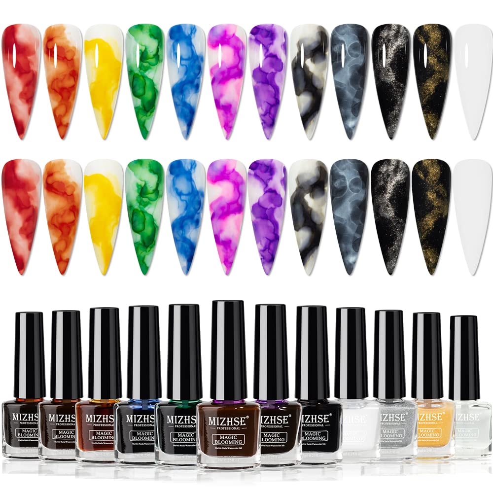 Mizhse 12Pcs Marble Nail Polish Set - Blooming Gel Ink For Diy Nail Art - Classic Colors