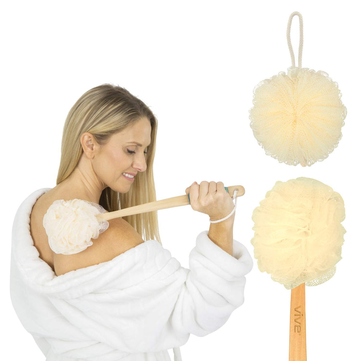 Vive 17” Exfoliating Shower Loofah With Long Handle & Extra Handheld Lufa - Natural Luffa Brush