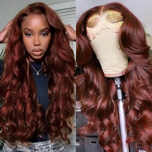 UNICE 12A Copper Red 18&quot; Lace Front Wig, 180% Density Human Hair, Body Wave, Pre Plucked