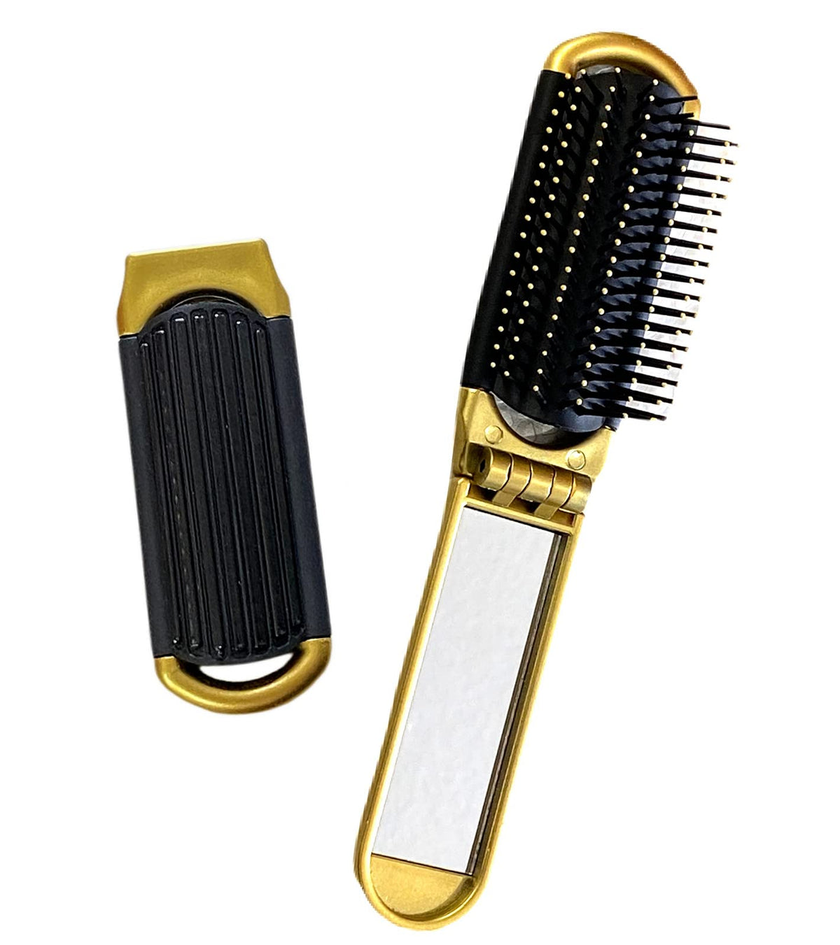 Alazco Gold Folding Hair Brush With Mirror - Compact Travel Size For Gym, Purse, And Locker