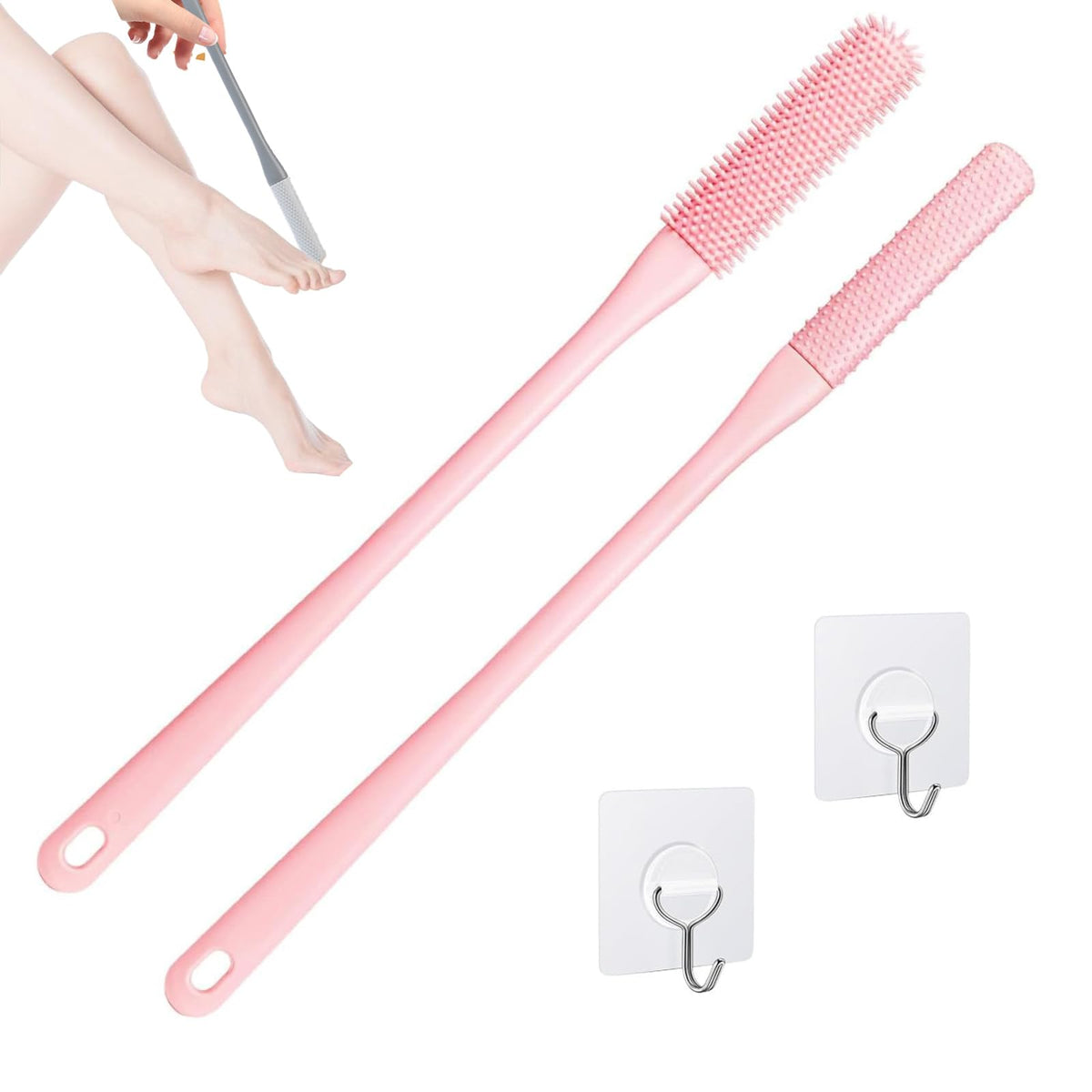 Fivaran 2 Pack Silicone Toe Cleaning Brush With 15.7&quot; Handle - Foot Scrubber For Seniors & Women, Pink