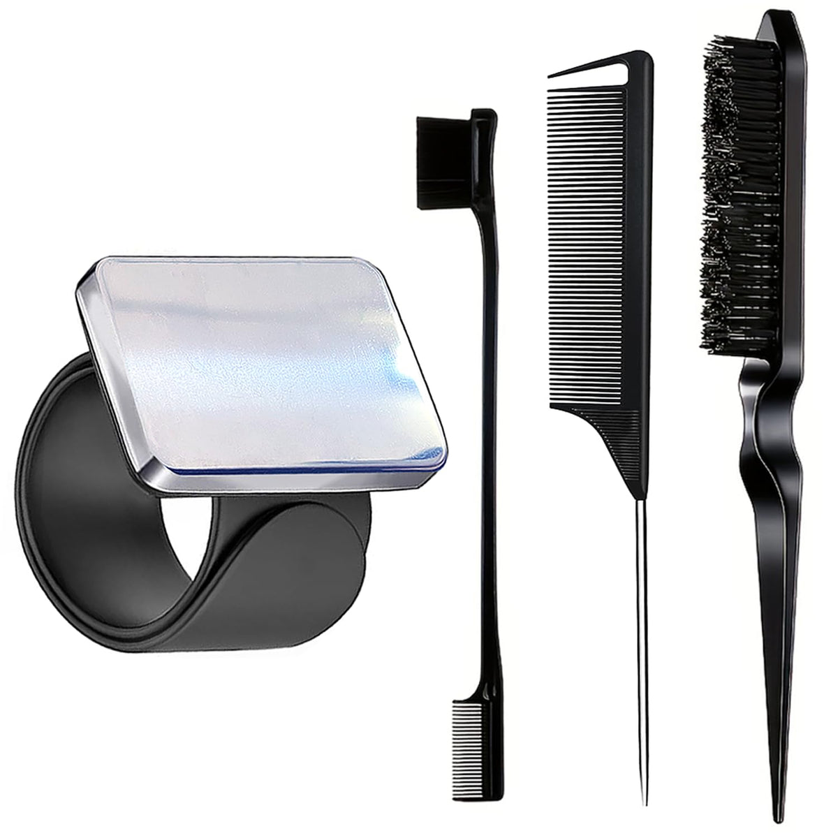 Rabetly Magnetic Wristband Hair Stylist Set - 4Pcs Braiding Tools, Edge Brush & Comb, Black