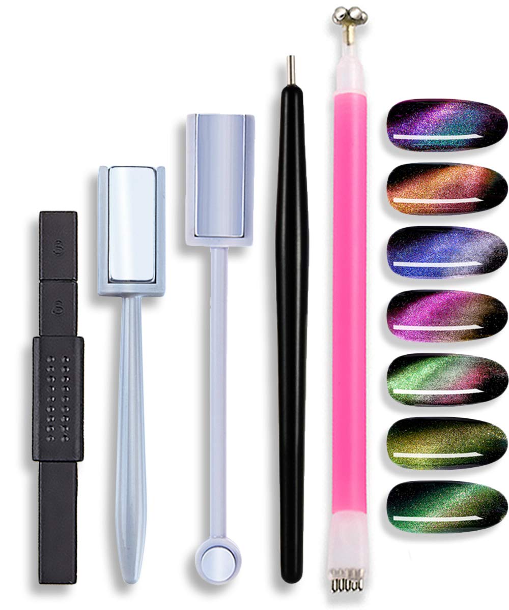 Silpecwee 5Pcs 3D Cat Eyes Nail Art Magnetic Pen Set - Uv Gel Manicure Tools For Diy &