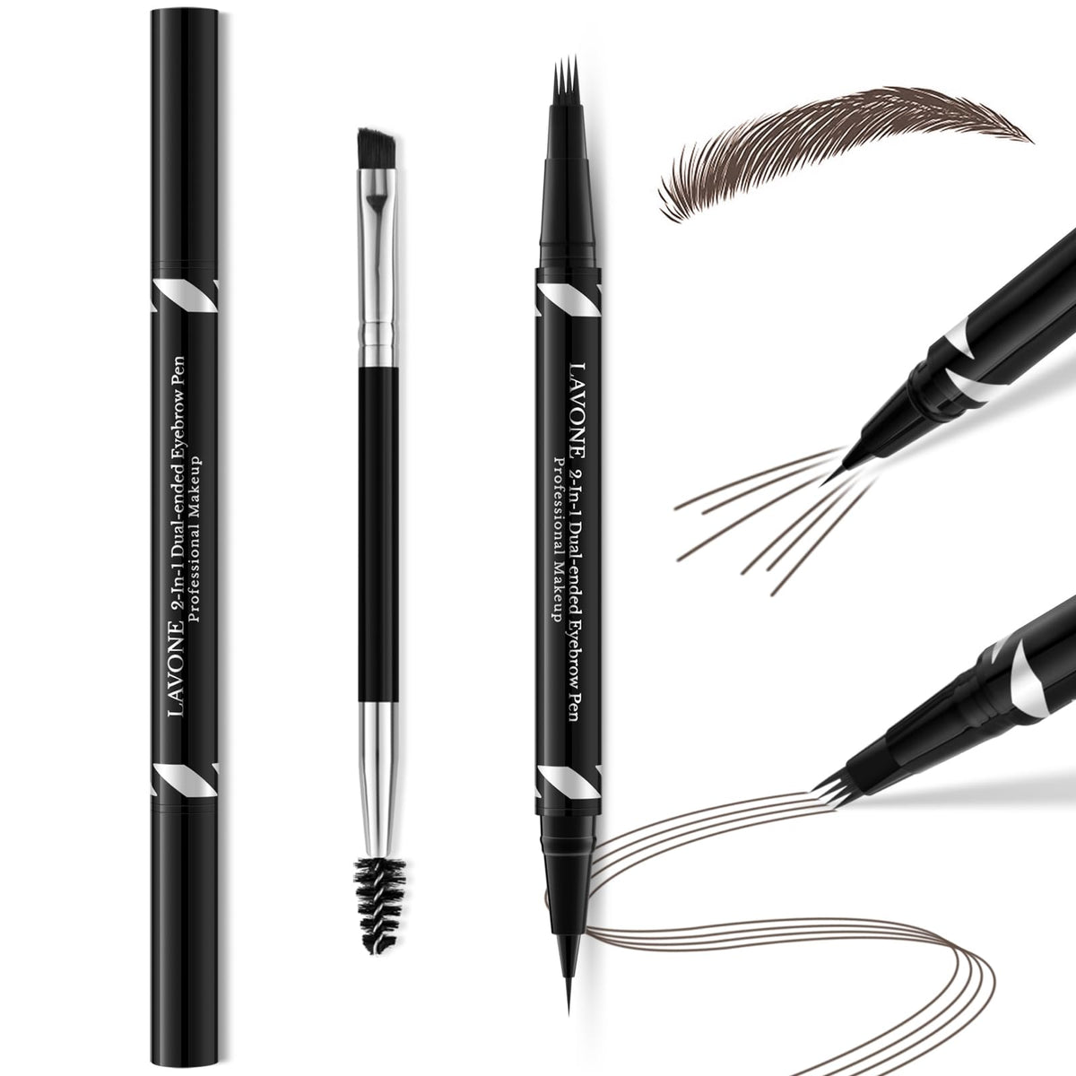 Lavone 2-In-1 Waterproof Eyebrow Pen & Pencil, Medium Brown, Microblading & Precise Brow Brush