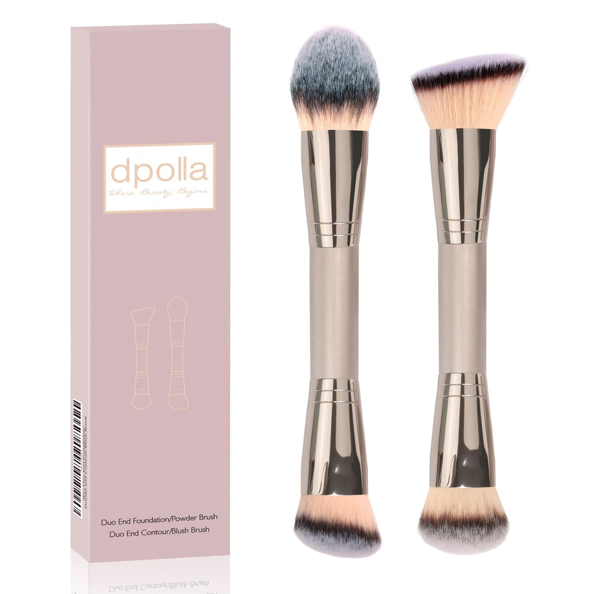 Dpolla Foundation Makeup Brushes - 2Pc Dual-Ended For Liquid, Cream & Powder - Gold