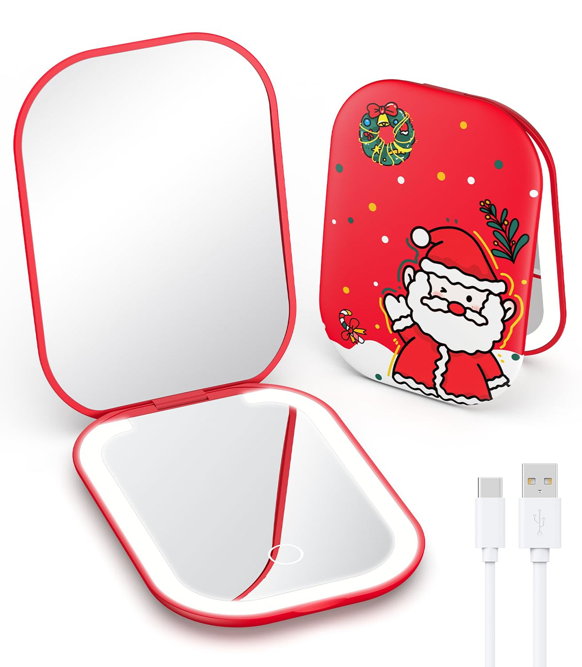 Gospire Christmas Compact Mirror With Led Lights, 1X/3X Magnification, Cute Red Design