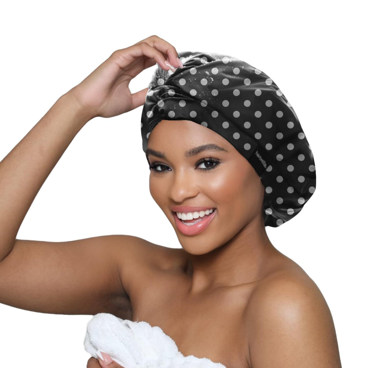 Hairbrella Satin-Lined Adjustable Shower Cap For Women - 100% Waterproof, Polka Dot, Reusable