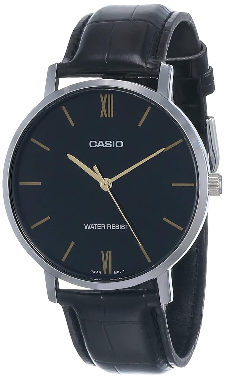 Casio Mtp-Vt01L-1B Men'S Black Dial Leather Band Analog Watch - Minimalistic Design, 46Mm