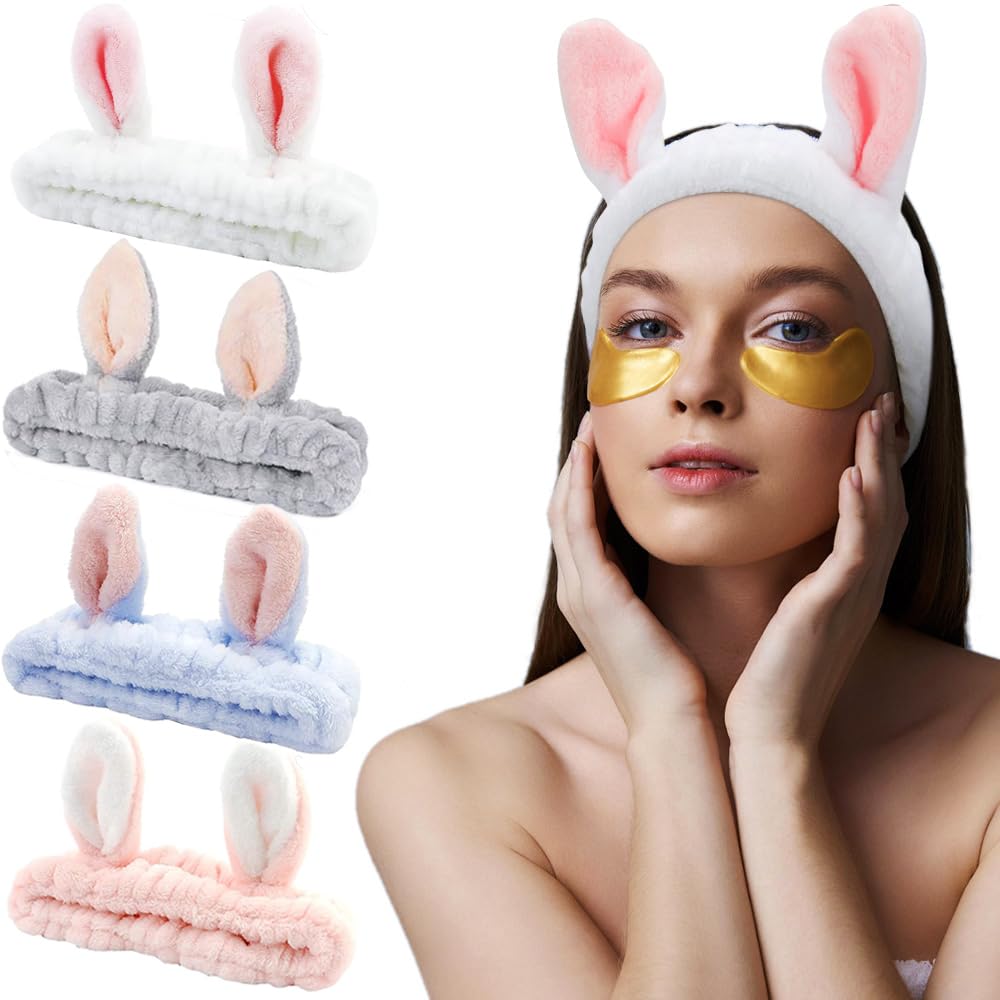 AHONEY Bunny Ears Headband - 4Pcs Fuzzy Coral Fleece Hair Bands for Makeup & Skin Care