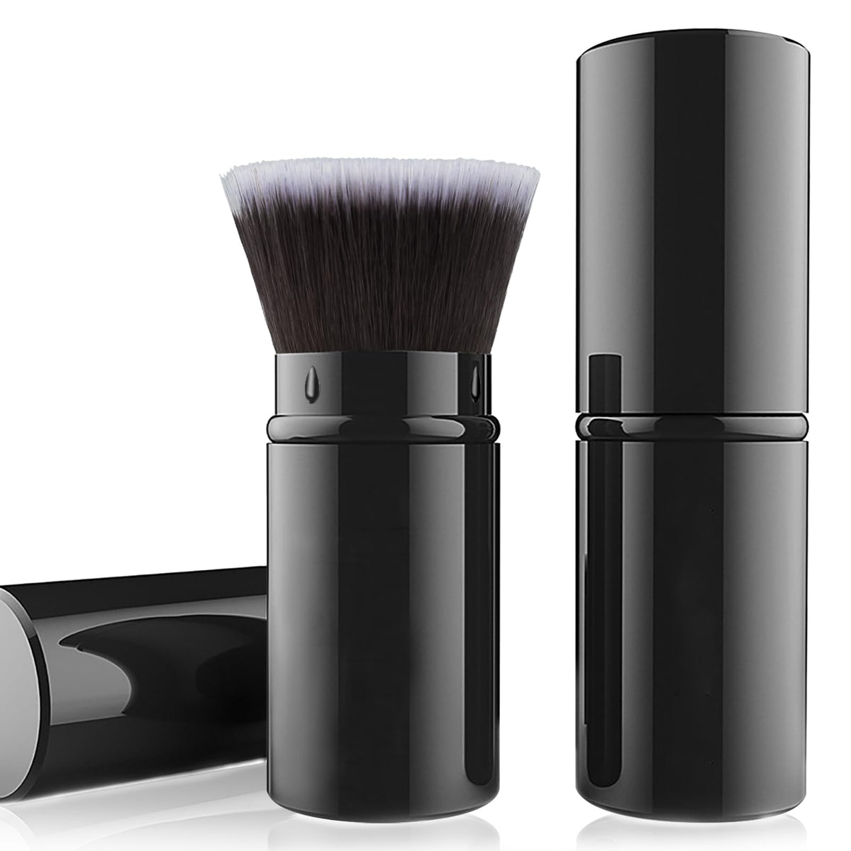 Falliny Retractable Makeup Brush Set - Travel Kabuki Foundation & Liquid Brush With Cover, Black