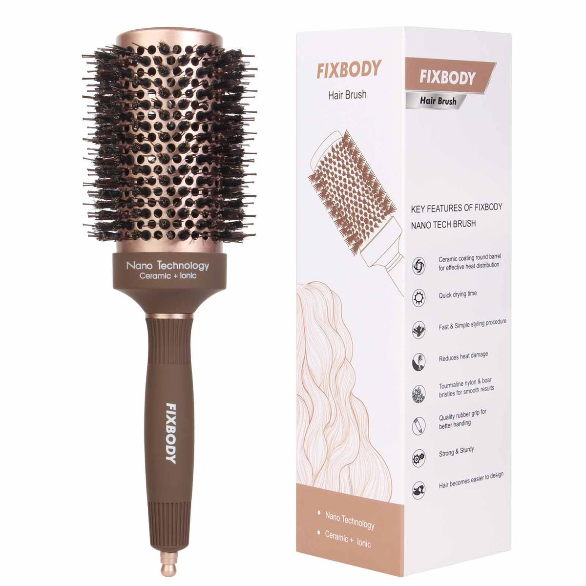 Fixbody Boar Bristle Round Hair Brush, Nano Ceramic, 3.3&quot; For Blow Drying & Styling