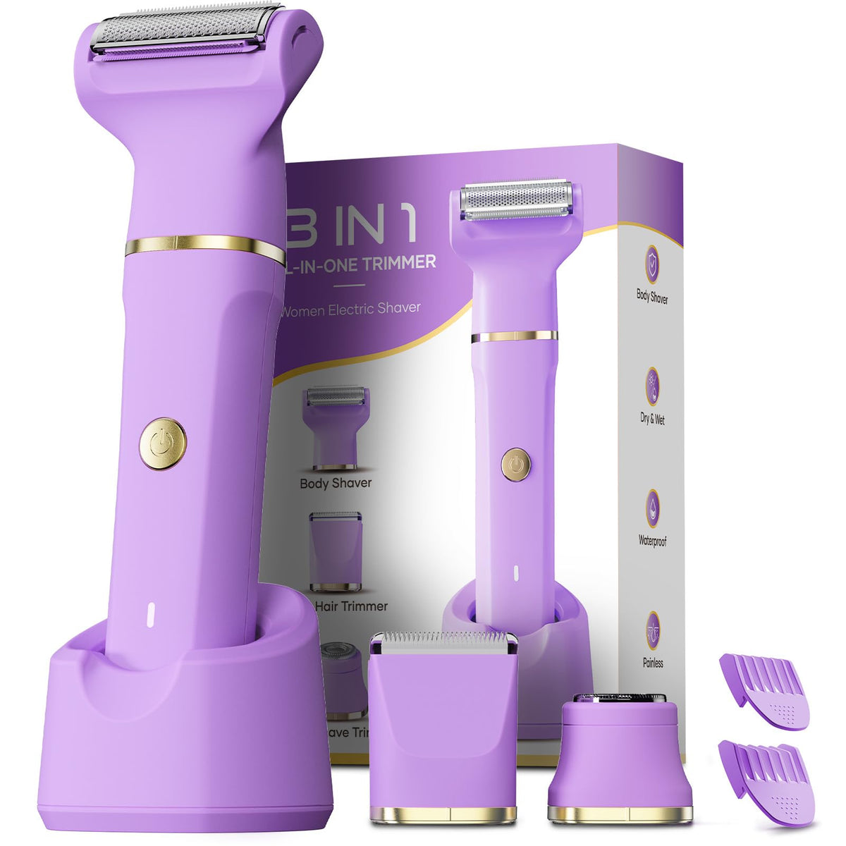 Tiovara Bikini Trimmer For Women, 3-In-1 Electric Razor, Waterproof, Usb Rechargeable, Purple