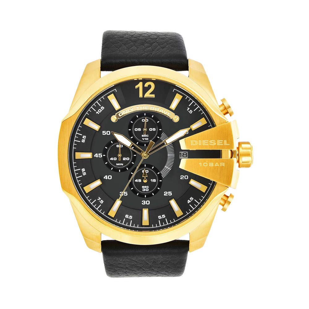 Diesel Mega Chief Men'S Chronograph Watch, Gold & Black Stainless Steel & Leather, Model Dz4344