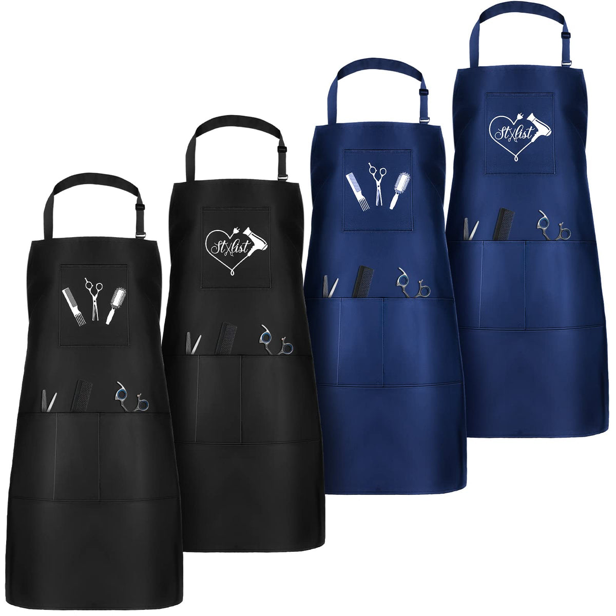 Janmercy Waterproof Hair Stylist Apron Set - 4 Pockets, 33X25 Inch, Black & Dark Blue