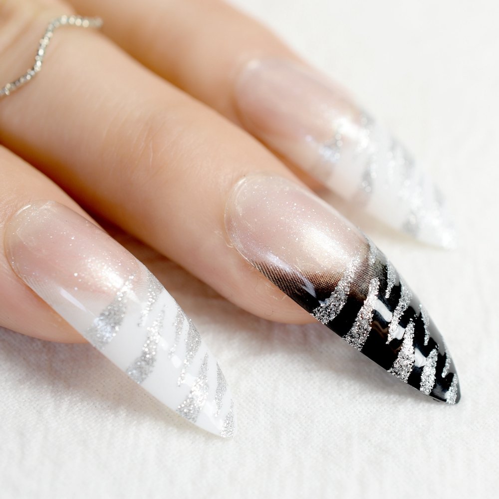 Coolnail Long Stiletto Nail Tips - White Black Zebra Pattern, 24PC French False Nails with Glitter