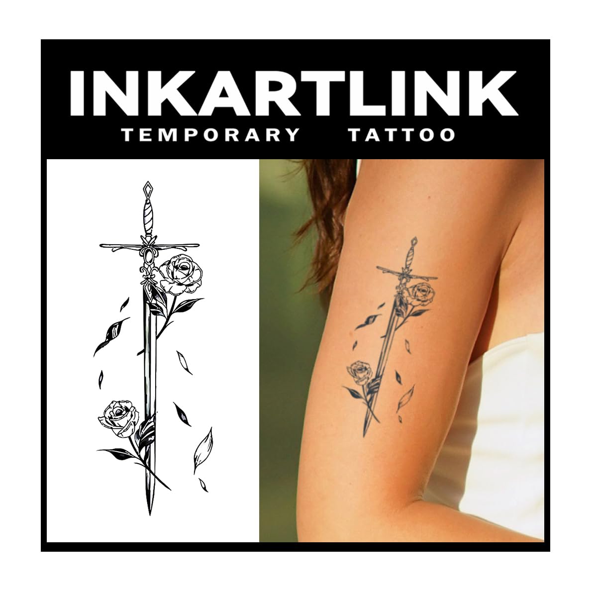 Inkartlink Semi-Permanent Tattoo Sheets, Waterproof Floral Design, Lasts 1-2 Weeks, Sword Theme