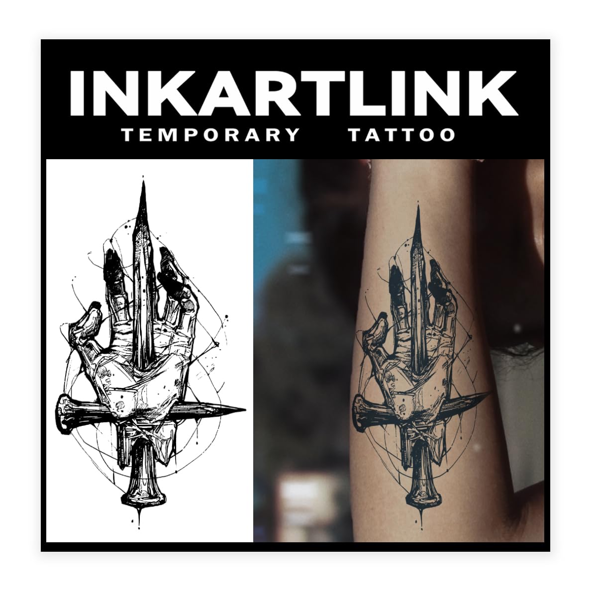 Inkartlink Large Semi Permanent Tattoo - Cross Nailed Hand Design, Realistic & Waterproof