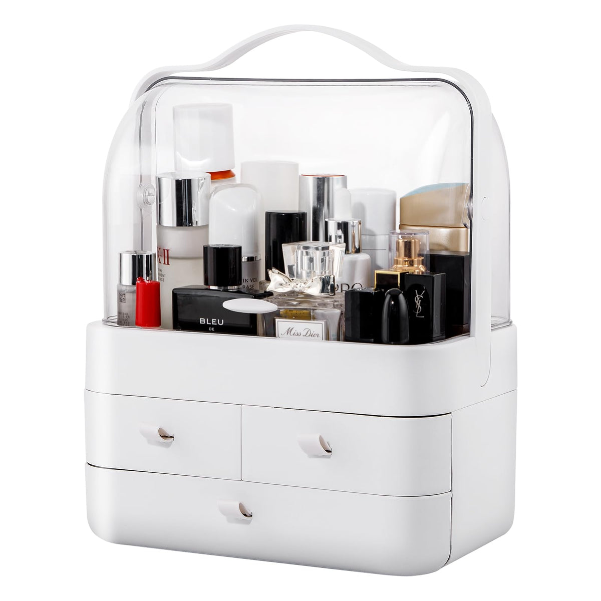 Nervure White Makeup Organizer - Portable Cosmetic Storage Box With Lid & Drawers For Bathroom