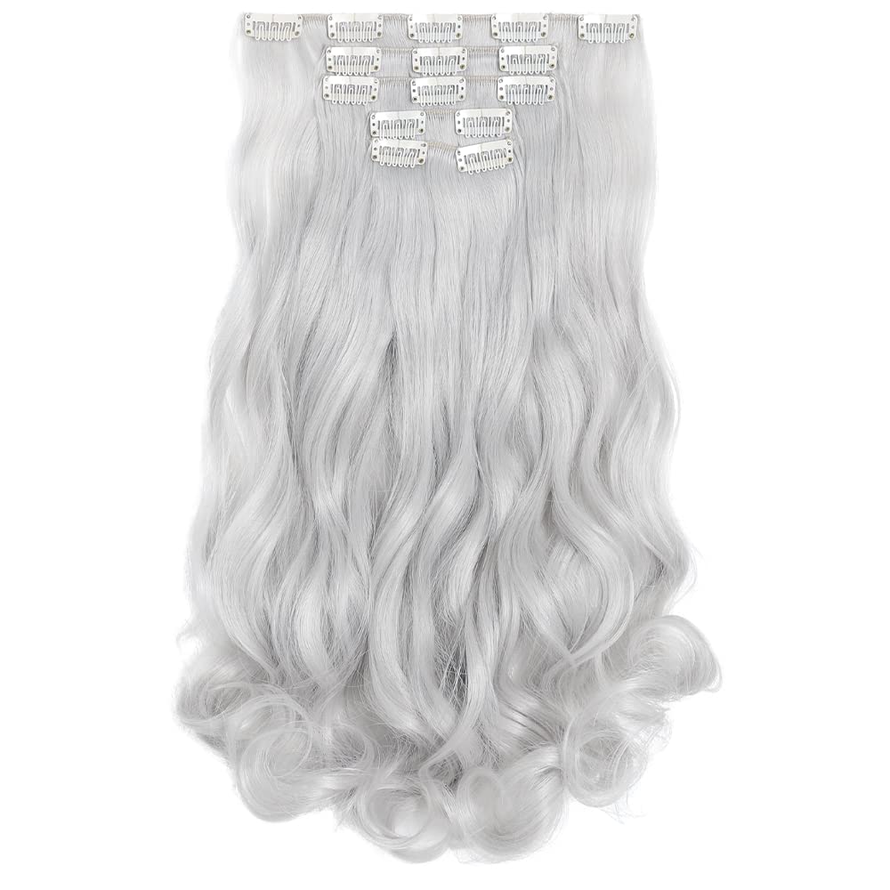 Hspjhtm 18&quot; White Wavy Clip-In Hair Extensions - 5Pcs Synthetic Hair For Halloween & Full Head