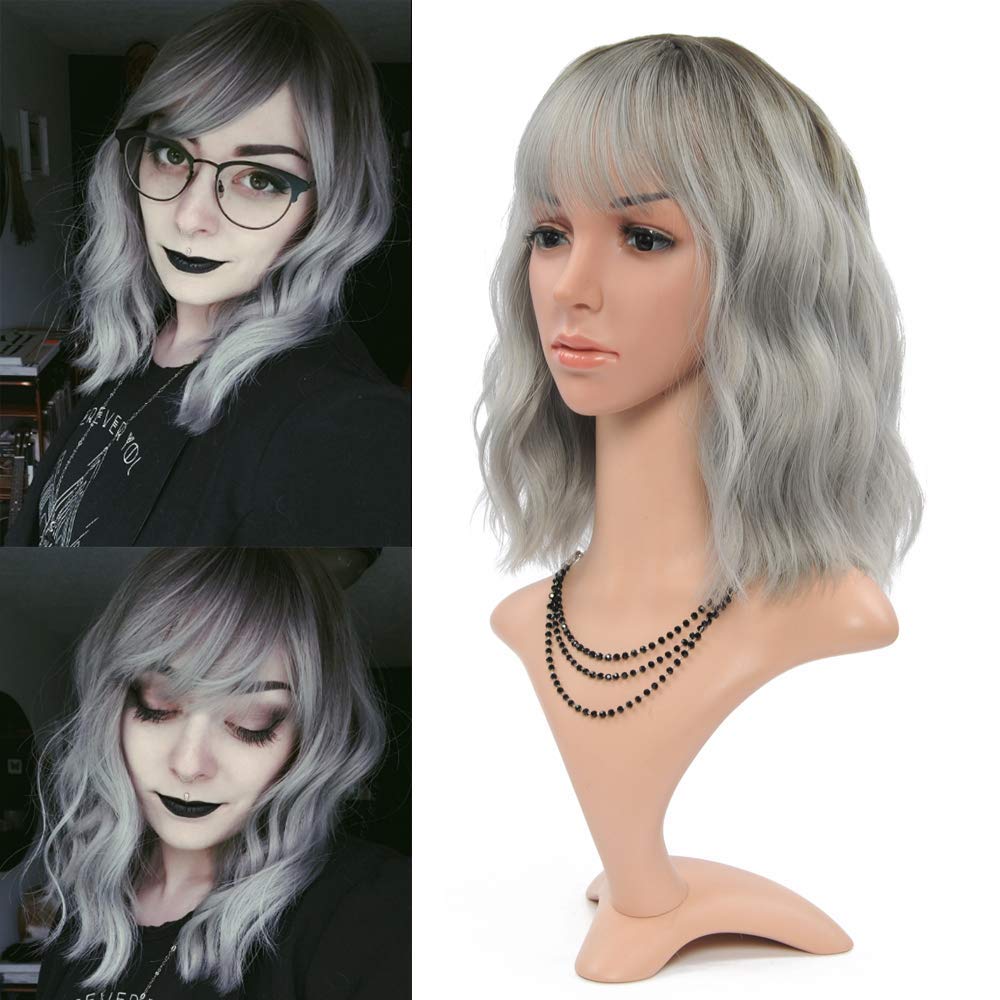 Faelbaty Ombre Grey Bob Wig With Bangs - 12&quot; Synthetic Cosplay Wig For Women