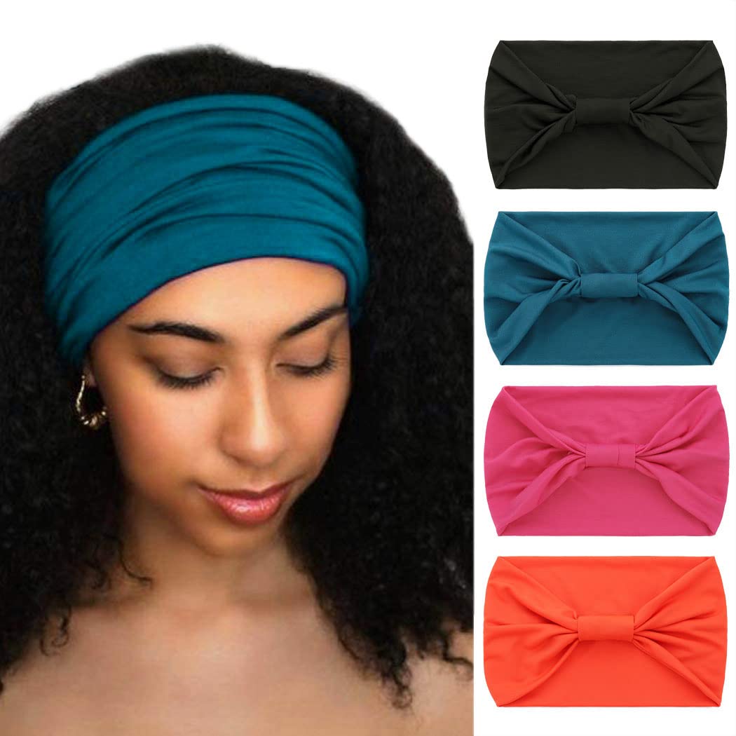 Woeoe African Headbands - Pack of 4 Knotted Hairbands, Wide Elastic Scarf for Yoga & Sports