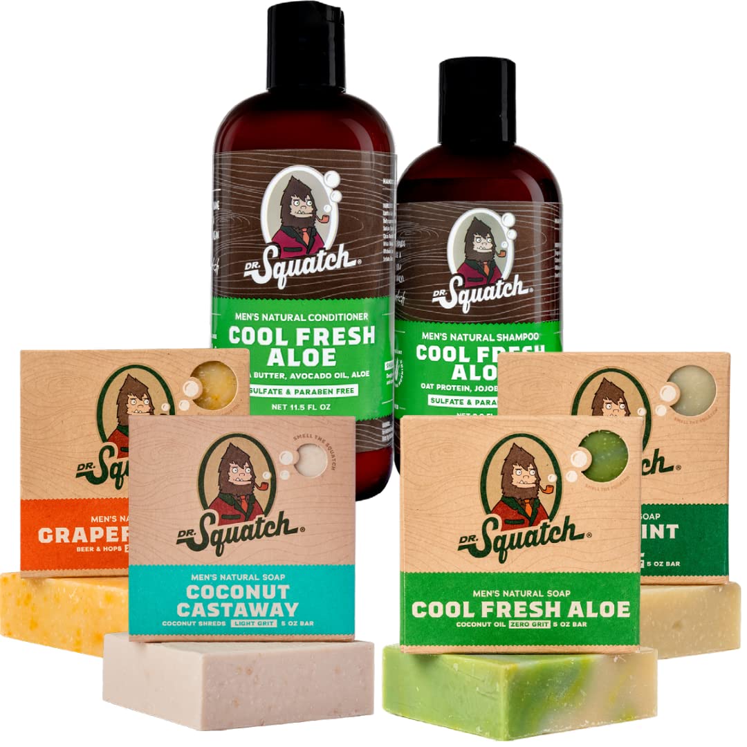 Dr. Squatch Men'S Beach Pack: Natural Bar Soap & Cool Fresh Aloe Shampoo + Conditioner Set