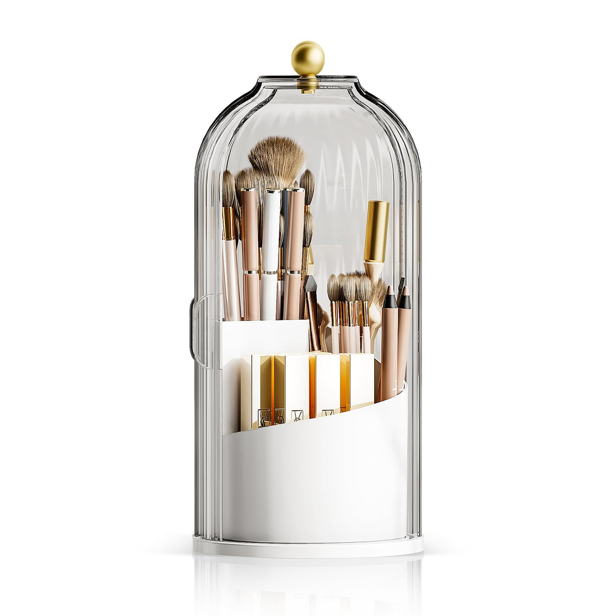 Mshomely 360 Rotating Makeup Brush Organizer - Waterproof Dustproof Storage, White-Clear