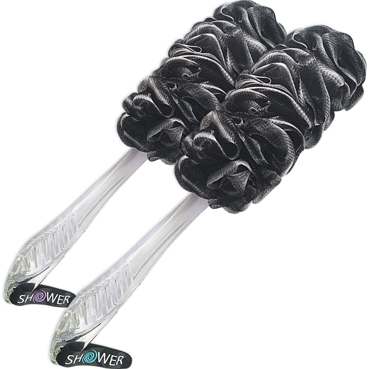 Shower Bouquet Loofah Charcoal Back Scrubbers 2-Pack - Long Handle Bath Sponge Brush