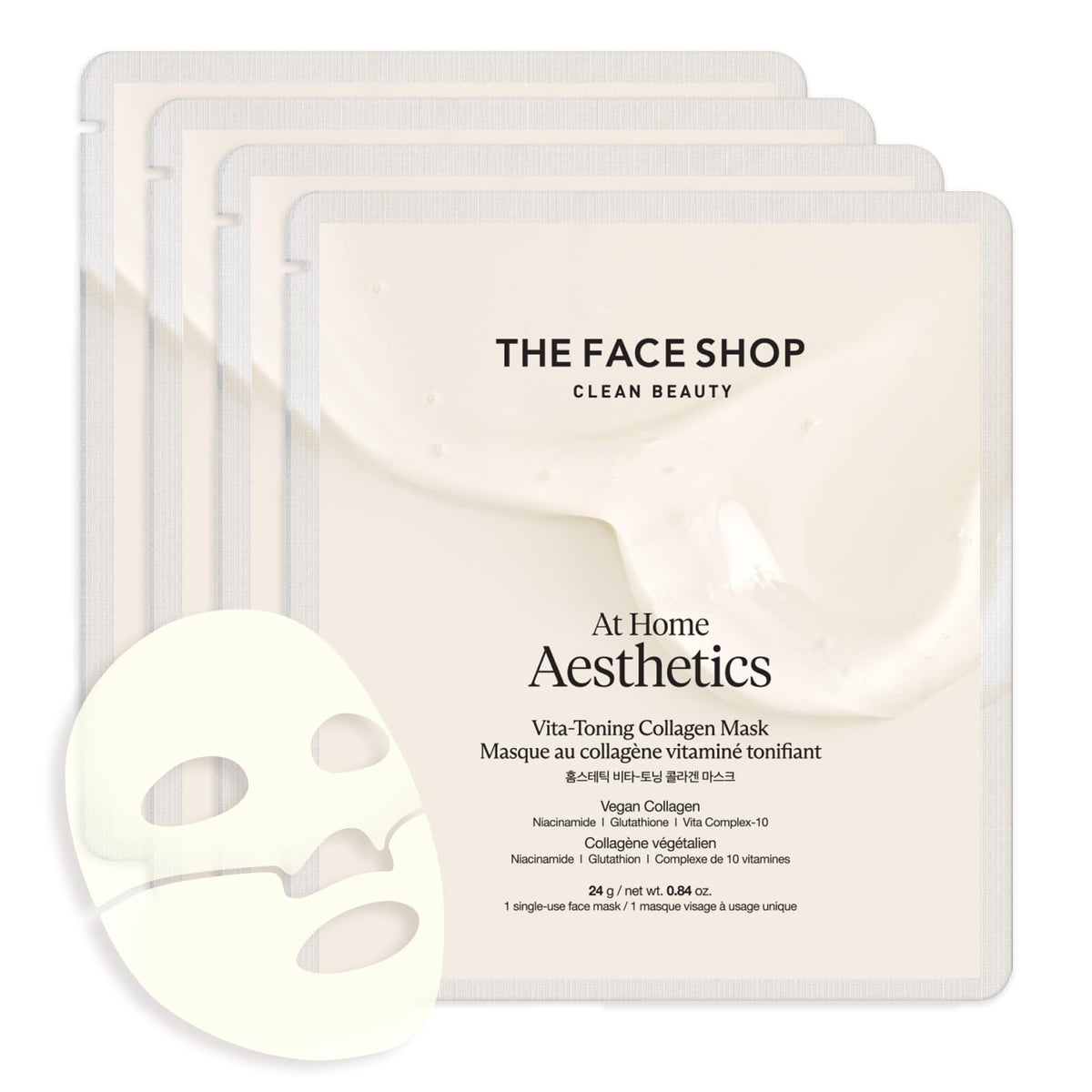 The Face Shop Vita-Toning Vegan Collagen Hydrogel Mask - 4Ea For Moisturizing & Elasticity