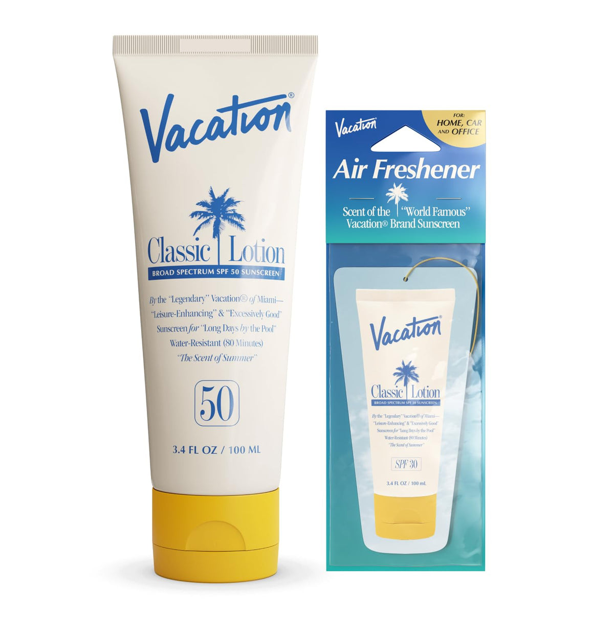 Vacation Spf 50 Sunscreen Lotion & Air Freshener Bundle, Water Resistant, 3.4 Fl Oz