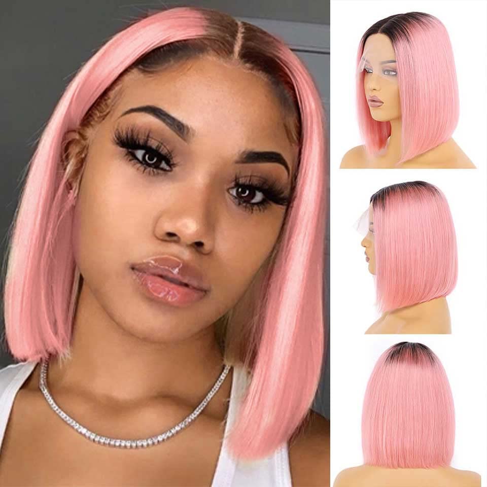 Ucuvic 12&quot; Rose Pink Ombre Bob Wig Human Hair Lace Front, Pre-Plucked, 180% Density