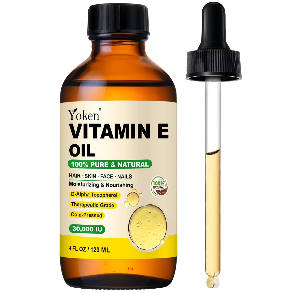 Yoken Organic Vitamin E Oil 4 Fl Oz - 30,000 Iu For Skin, Hair, Nails, Scars - Cold Press