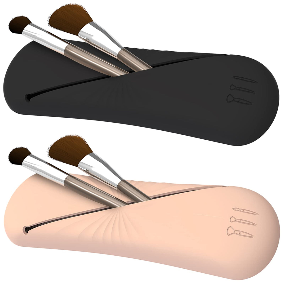 Meitrue Silicone Makeup Brush Holder Bag - Waterproof Portable Organizer, 2 Pcs Black-Khaki