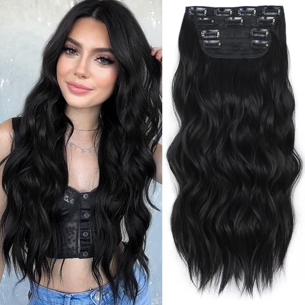 Alxnan 20 Inch Black Clip-In Long Wavy Synthetic Hair Extensions 4Pcs Thick Fiber Hairpieces