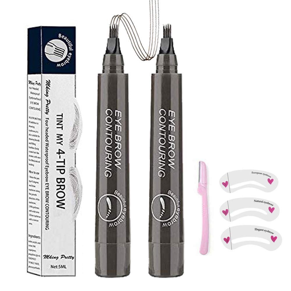 Quemiss Microblading Eyebrow Pen - 4 Points, Waterproof Gray Brown, Natural Look, 1 Count