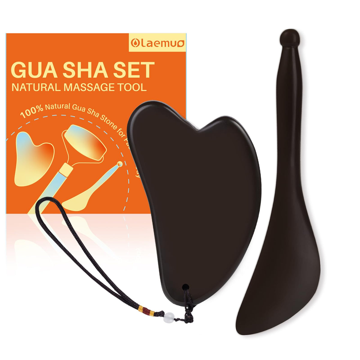 Olaemuo Bian Stone Gua Sha Set - Acupuncture Scraper For Facial & Body Massage, Brown