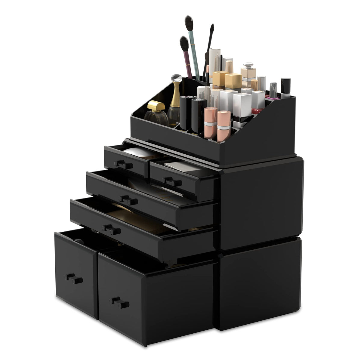 READAEER Makeup Organizer - 3 Layer Cosmetic Storage Case with 6 Drawers - Black Plastic