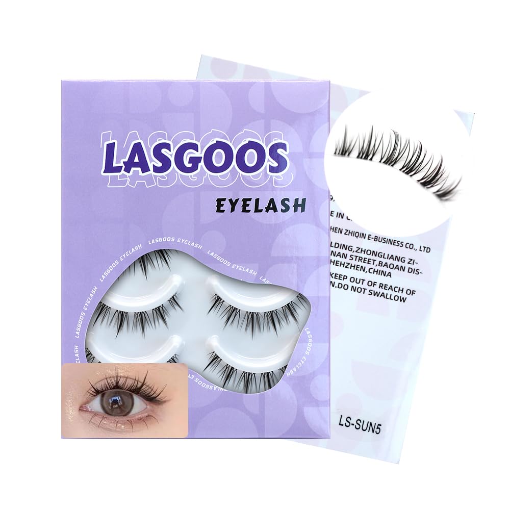 LASGOOS Natural Look Fake Eyelashes, 5 Pairs, Cross Style, Invisible Band, Black, 8-13mm