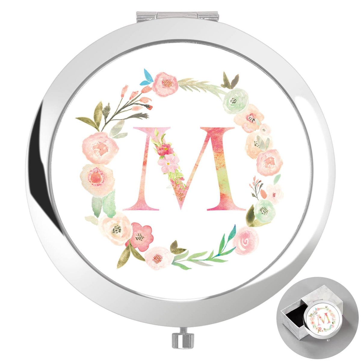 Boutikpro Personalized Floral Compact Mirror With Initial - Silver Gift For Women, Mom, Sister