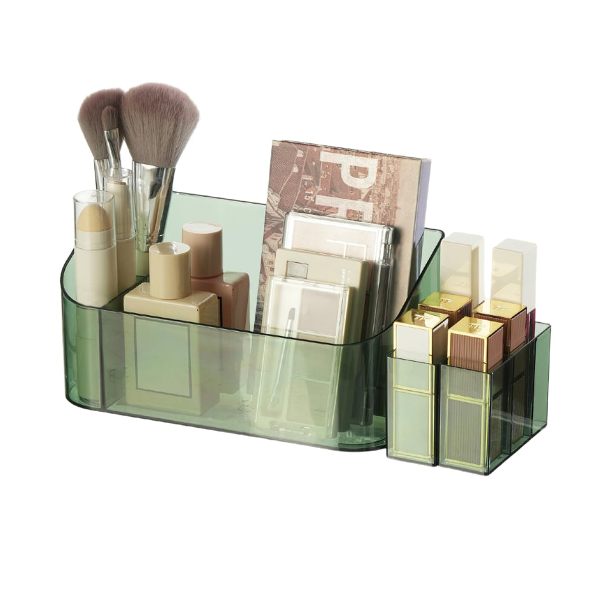 Sunficon Crystal Green Makeup Tray Organizer With 9 Dividers - Vanity Storage Case For Women