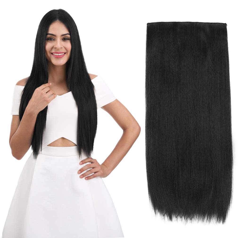 REECHO 24&quot; Straight Synthetic Hair Extensions - Natural Black Clips for Women, 5 Clips per Piece