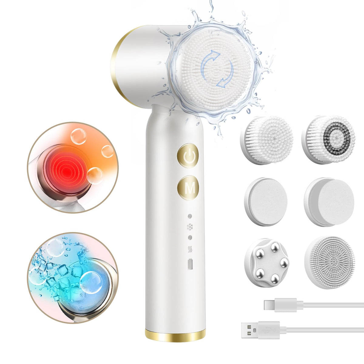 Landmore 8-In-1 Facial Cleansing Brush - Rechargeable, Waterproof, 6 Brush Heads, White