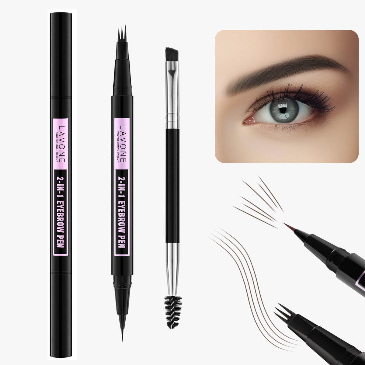 Lavone 2-In-1 Waterproof Eyebrow Pencil & Microblading Pen - Black Brown, Dual-Ended Brush