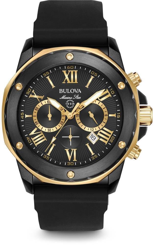 Bulova Men'S Marine Star Chronograph Watch, Black & Rose Gold, Silicone Strap, 98B278